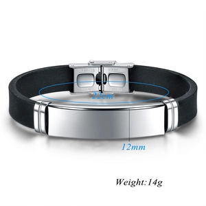 Detail showing 22cm length and 12mm width specs for men's silicone stainless steel bracelet