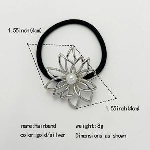 Silver geometric flower hairband with pearl accent and hollow metal design, 4cm wide
