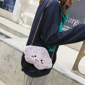 Grey plush cloud shoulder bag with embroidered face and gold chain strap for women