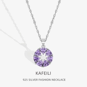Purple Zircon Heart Circular Pendant Necklace With 925 Sterling Silver Chain Elegant Trendy Jewelry For Women