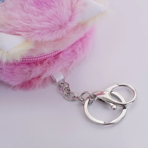 Pink plush cat ear coin purse with metal keychain, soft gradient fuzzy storage pouch