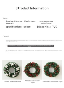 Detail view of PVC Christmas wreaths with pine cones, cotton and red berries