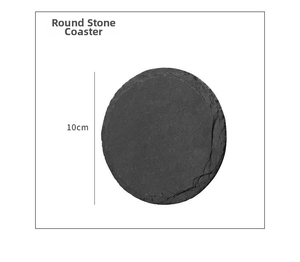 Detail view of 10cm round natural black slate coaster with rustic edges for heat insulation