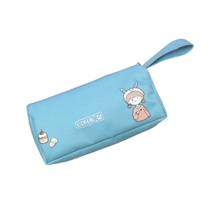 Astuccio azzurro in tela con simpatica illustrazione di ragazza e cinturino a mano