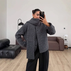 Women Short Tweed Jacket With Matching Scarf Long Sleeve Solid Color Winter Warm Boucle Wool Blend Coat Minimalist