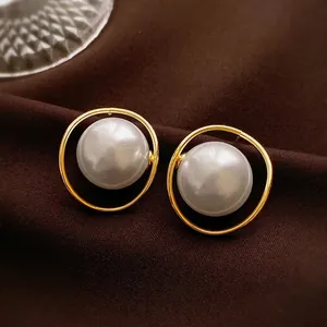 French Retro Large Artificial Pearl Earrings Gold Plated Alloy Geometric Round Hoop With Silver Earring Post For Women
