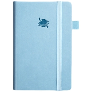 Light blue A7 pocket notebook with planet design and elastic band on white background