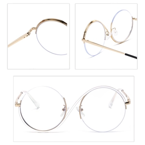 Detalle de gafas doradas de media montura que muestra bisagras y estructura redonda