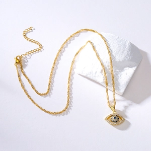 18K gold plated evil eye pendant necklace with blue gemstone and sparkling crystals