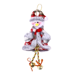 Plush Christmas snowman pendant with red plaid hat and golden bells for tree decoration