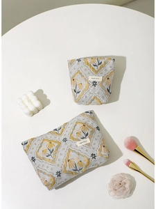 Floral Jacquard Canvas Cosmetic Bag Portable Toiletry Pouch Travel Makeup Organizer Aesthetic Sunflower Zip Storage Purse For Women
