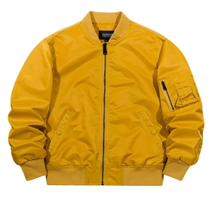 Bright yellow men's MA1 bomber jacket with ribbed collar and utility sleeve pocket