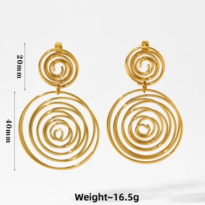 Detail of gold spiral layered hoop earrings with 20mm and 40mm diameter measurements