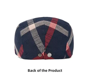 Back view of a classic plaid flat cap with two silver decorative metal snaps