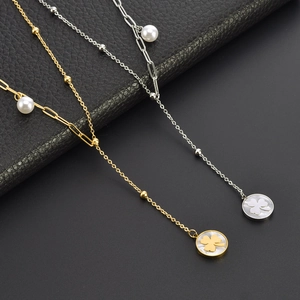 Clover Flower Pendant Necklace Stainless Steel White Shell Artificial Pearl Tassel Adjustable Y Shape Elegant Jewelry For Women Girls