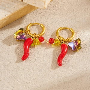 Gold stainless steel hoop earrings with red chili and crystal butterfly charms