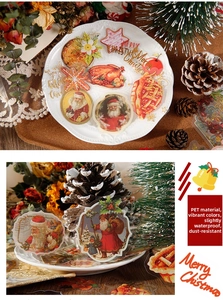 Stickers de Noël en PET imperméables avec Père Noël et dinde sur une assiette blanche