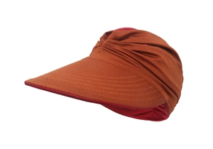 Detail of wide-brim sun hat with decorative stitching and caramel-red fabric texture