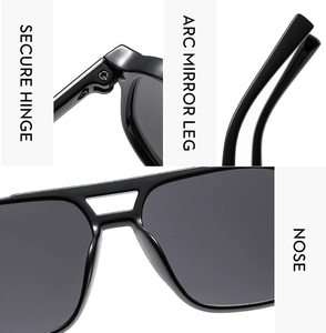 Detail view of double bridge aviator sunglasses featuring secure hinges and arc mirror legs