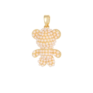 Cute teddy bear pendant crafted with white pearls and 14K gold plated metal outline