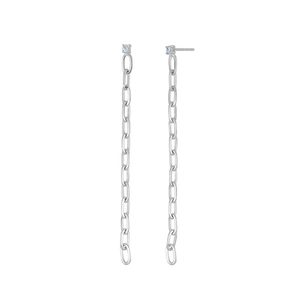 Detail of silver long chain tassel earrings with sparkling clear cubic zirconia stones