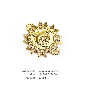 Detail of gold sun moon star charm in copper with zircon, size 19.5x22.5mm and 2.19g weight