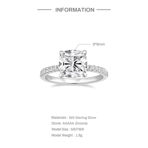 Macro shot of 925 silver ring featuring 9mm cushion cut zircon with four-prong setting