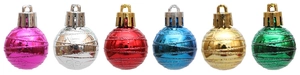 Set of six colorful 3cm glitter spiral Christmas tree baubles with metallic hanging loops