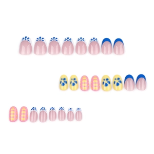 Set of 24 short round press-on nails with blue, pink, and yellow floral and striped designs