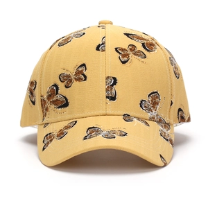 Casquette de baseball jaune moutarde pour femme avec imprimé papillon et visière courbée