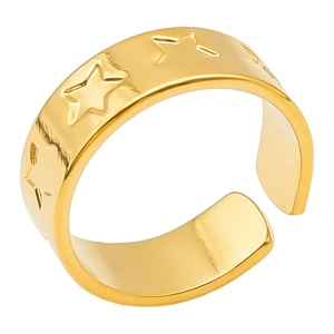 Bague ajustable en acier inoxydable doré avec motifs d'étoiles sur un fond blanc épuré
