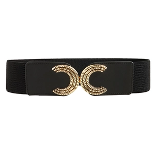 Retro black elastic wide waist belt for women with golden vintage textured buckle clasp