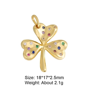 Golden clover pendant with colorful zircon inlay for DIY jewelry making 18x17mm