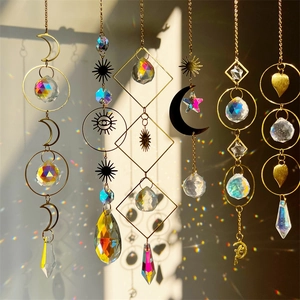 Crystal Suncatcher Hanging Ornament Gold Metal White Crystal Rainbow Maker Faceted Prisms Moon Star Sun Window Garden Home