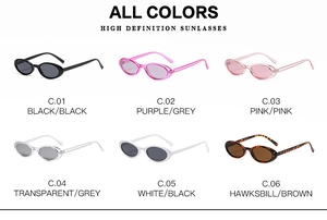 Matrix display of retro oval sunglasses in six colors with stylish plastic frames