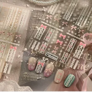 Detail of 3D embossed nail stickers featuring sweater textures and pink bows on nails