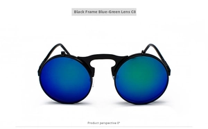 Detail of vintage steampunk flip-up sunglasses with black round frame and blue-green lenses