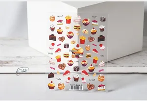 Detailed view of TS-277 dessert themed 5D embossed nail stickers featuring hand-drawn cakes