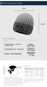 Size chart showing knit beanie dimensions 23x23.5cm and head measurement guide