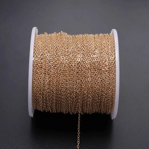 Detailed view of bright gold metal plating DIY chain wrapped around a white plastic spool