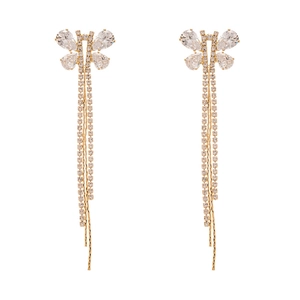 Elegant gold butterfly tassel earrings with sparkling cubic zirconia on a white background