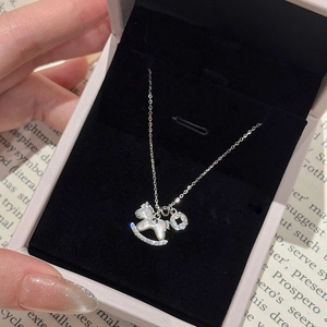 Collier Pendentif Cheval À Bascule Cuivre Nacre Zircone Petit Charme Pièce Ton Argent Bijoux Pour Femmes Filles Tendance