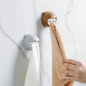 Cartoon bear towel holder for bathroom, adhesive silicone towel hook organizer