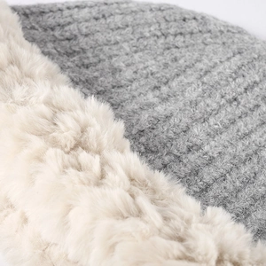 Winter thick knit bucket hat with warm faux fur lining in grey and cream colors