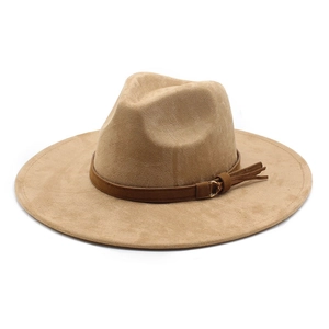 Detail of camel suede fedora with brown band, metal ring buckle, and leather fringe