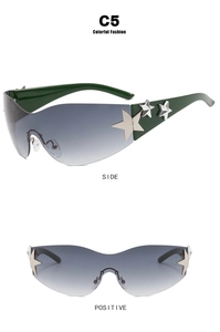 Detail of Y2K star sunglasses with grey gradient lenses and silver pentagram accents