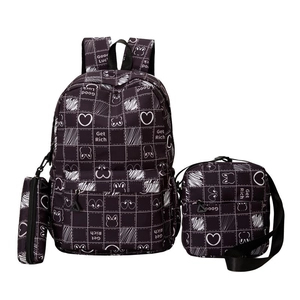 Black Japanese style school backpack set with heart and rabbit pattern in three pieces