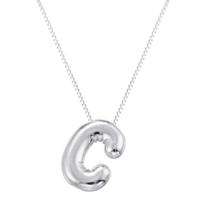 Detail of silver balloon-style letter C pendant on a durable box chain necklace