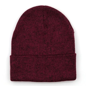 Minimalist wine red knitted beanie for women featuring a warm rolled edge and ribbed texture