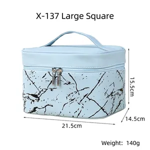 Detailed size specifications for a portable PU waterproof makeup bag with marble pattern